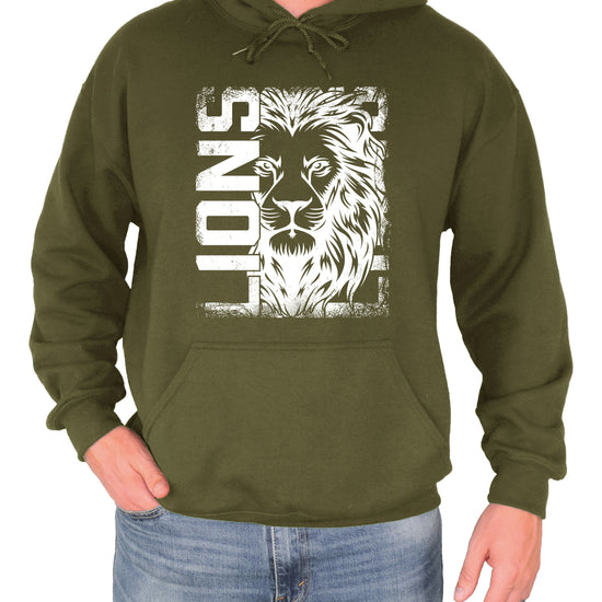 Lions School Spirit hoodie in Army Green - distressed lion mascot game day pullover sweatshirt, view 3