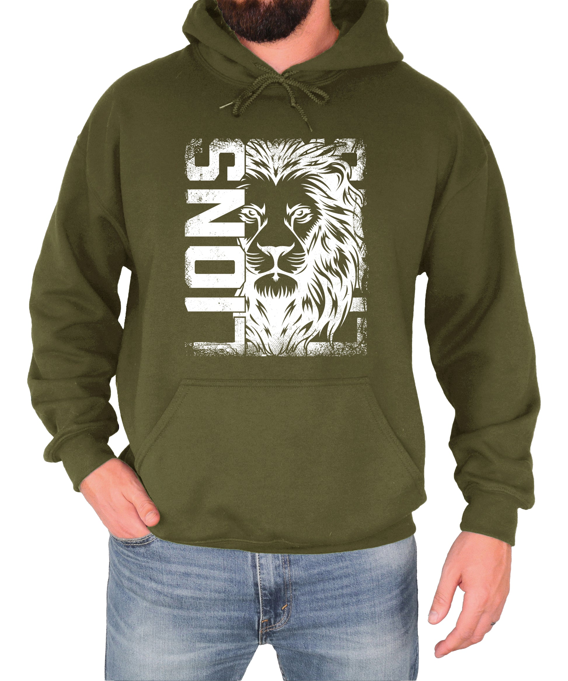 Lions School Spirit hoodie in Army Green - distressed lion mascot game day pullover sweatshirt, view 3