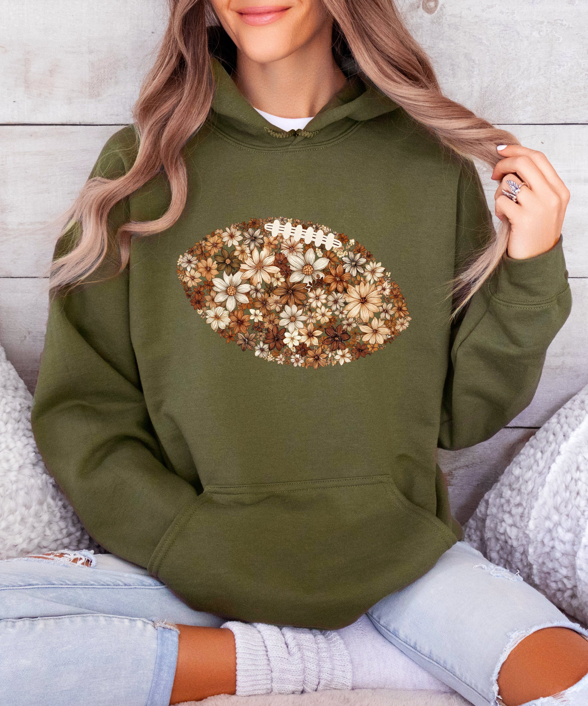 Floral Football Army Green Hoodie for Women - view 4