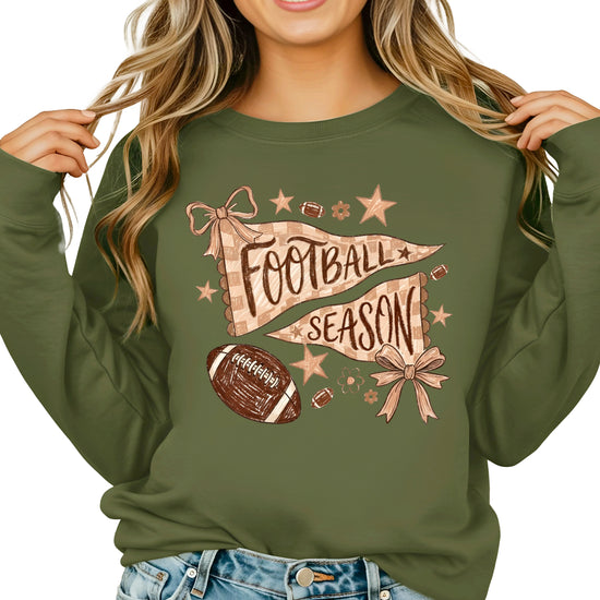 Football Season Coquette Bow Pennant Game Day Crewneck Sweatshirt - Army Green Sweatshirt view 4