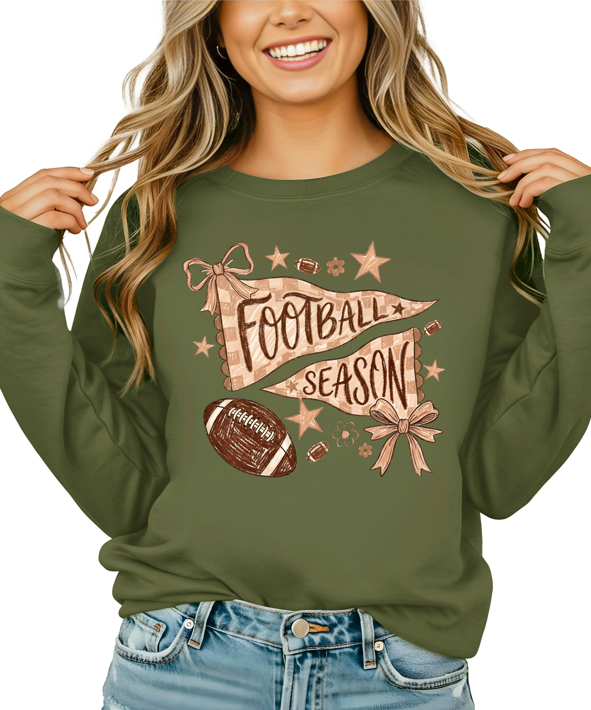 Football Season Coquette Bow Pennant Game Day Crewneck Sweatshirt - Army Green Sweatshirt view 4