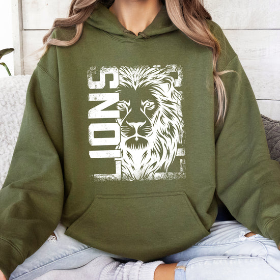 Lions School Spirit hoodie in Army Green - distressed lion mascot game day pullover sweatshirt, view 4