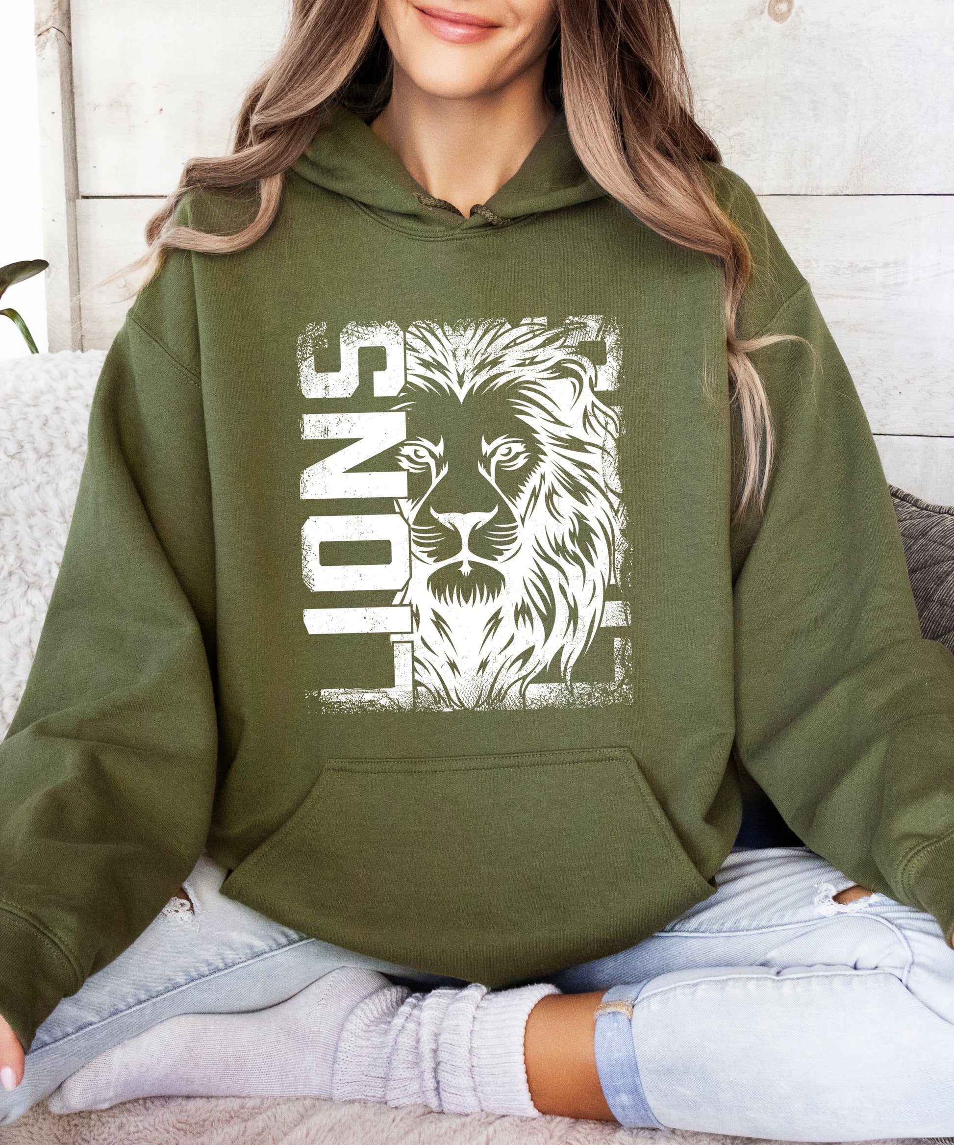 Lions School Spirit hoodie in Army Green - distressed lion mascot game day pullover sweatshirt, view 4