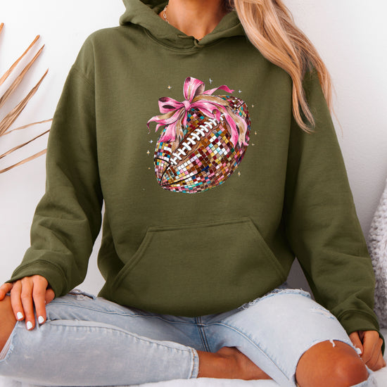 Disco Ball Football Coquette Bow Hoodie for Women, Army Green Hoodie, view 4