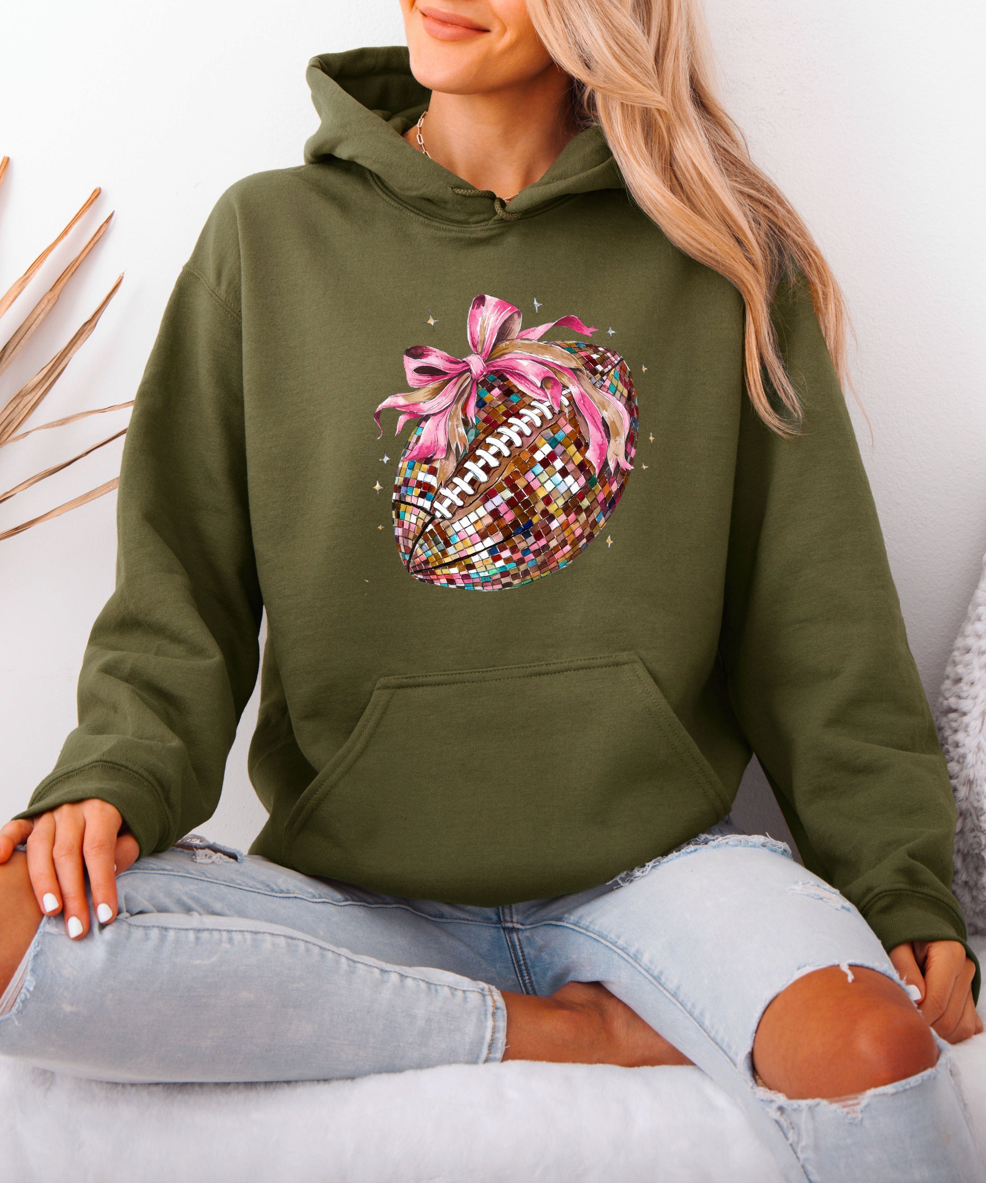 Disco Ball Football Coquette Bow Hoodie for Women, Army Green Hoodie, view 4