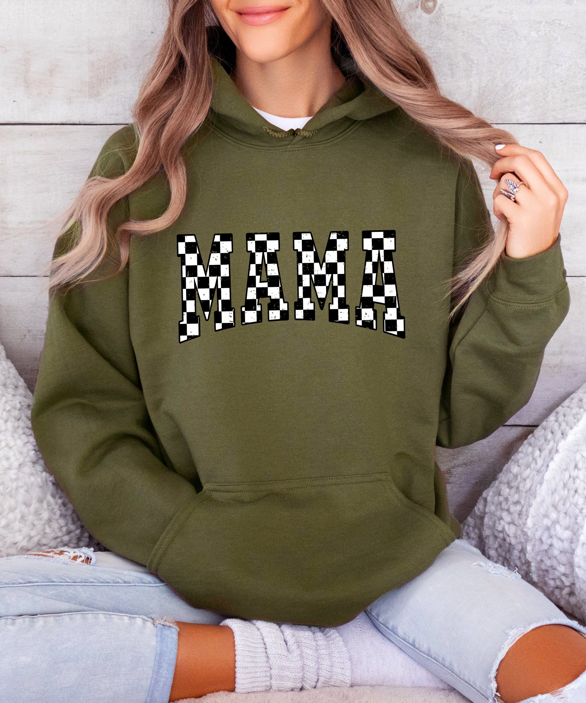 Checkered Mama hoodie for women in Army Green - view 4