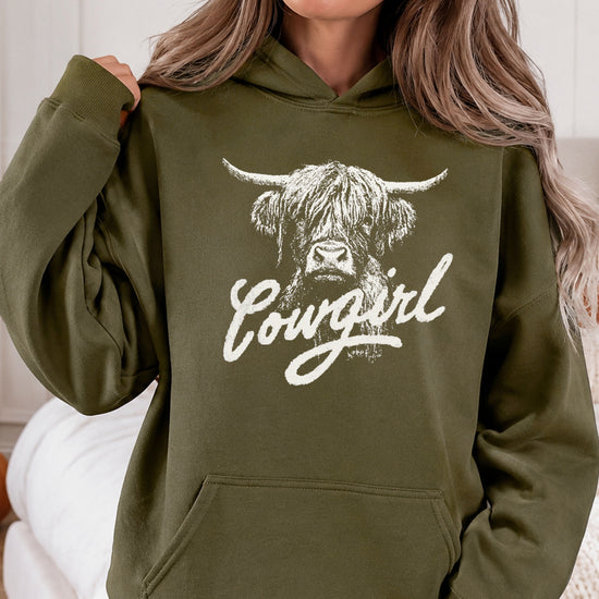 Cowgirl Highland Cow Hoodie - Army Green Hoodie - Olive Loves Apple