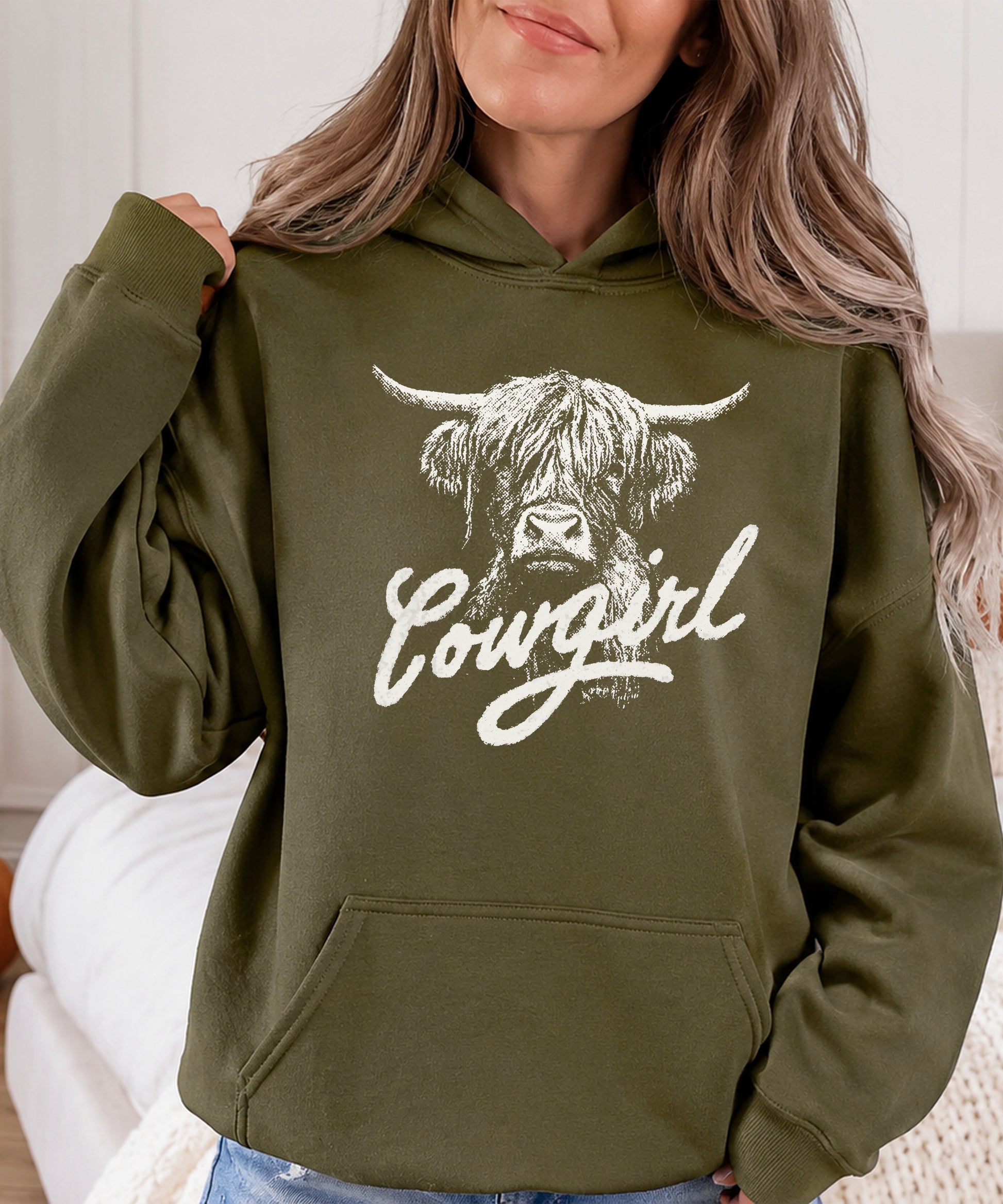 Cowgirl Highland Cow Hoodie - Army Green Hoodie - Olive Loves Apple