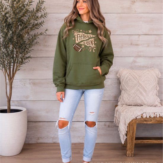Football Season Coquette Bow Pennant Game Day Hoodie for Women - Army Green - view 4
