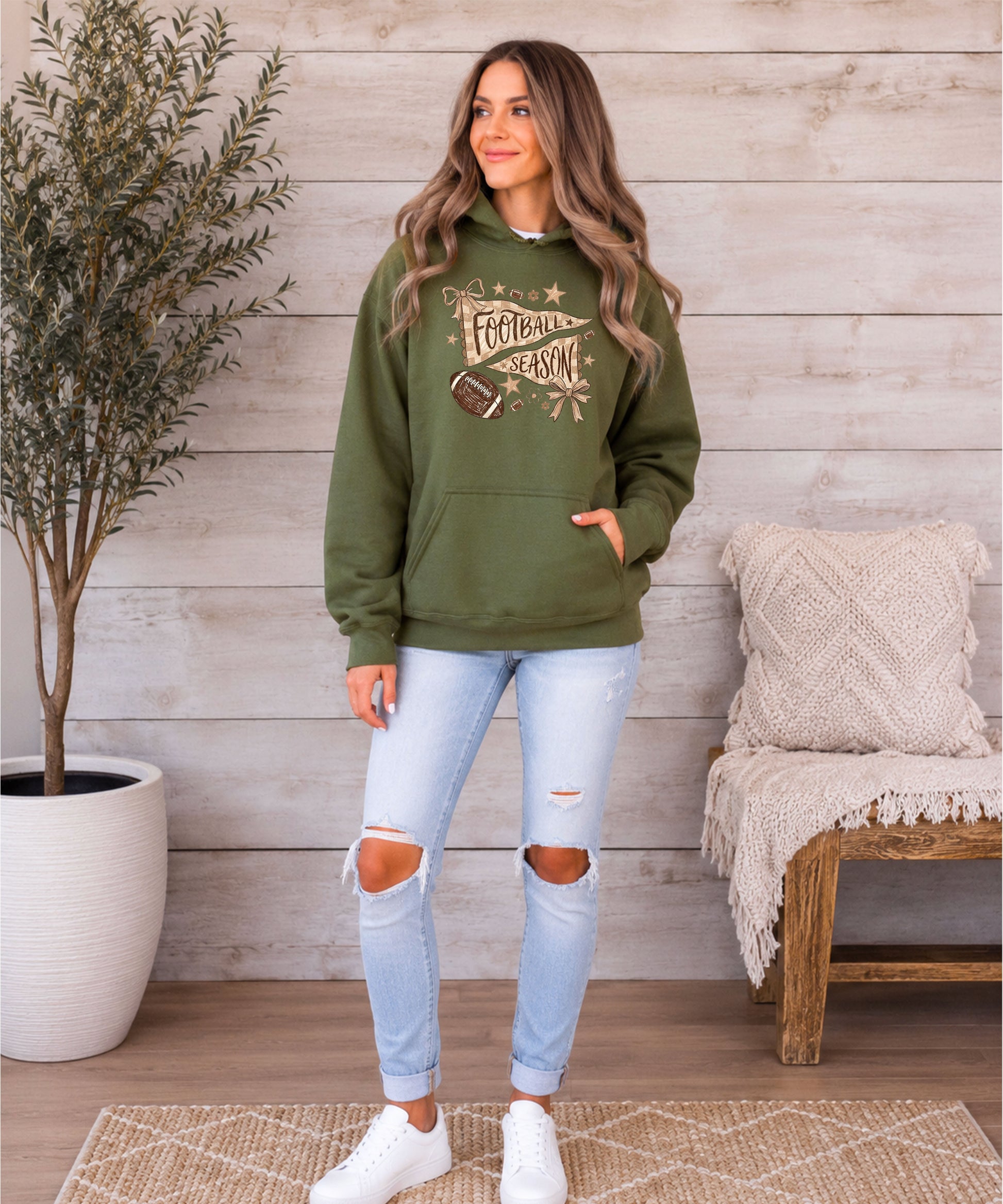 Football Season Coquette Bow Pennant Game Day Hoodie for Women - Army Green - view 4