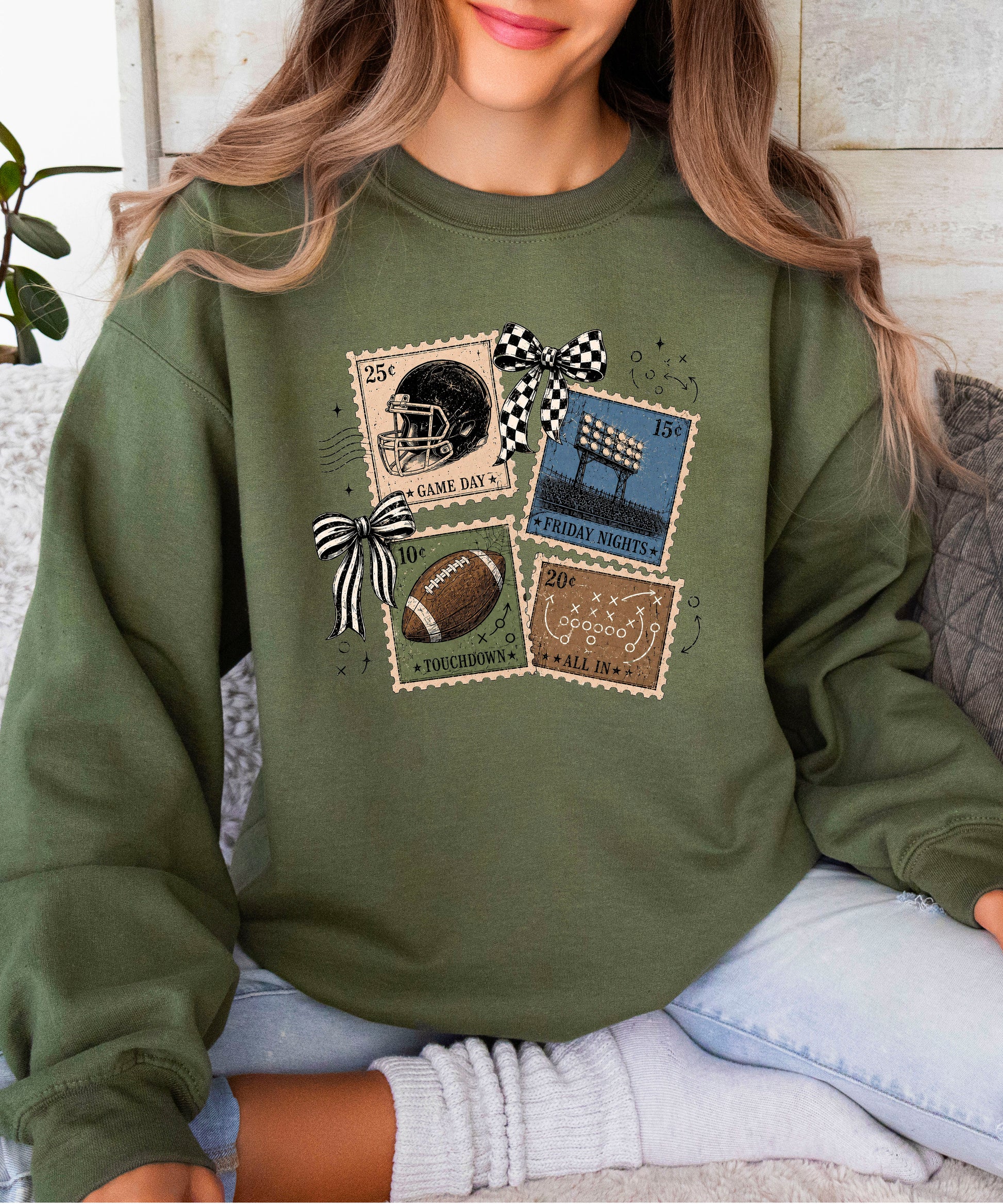 Vintage Football Army Green crewneck sweatshirt, view 5