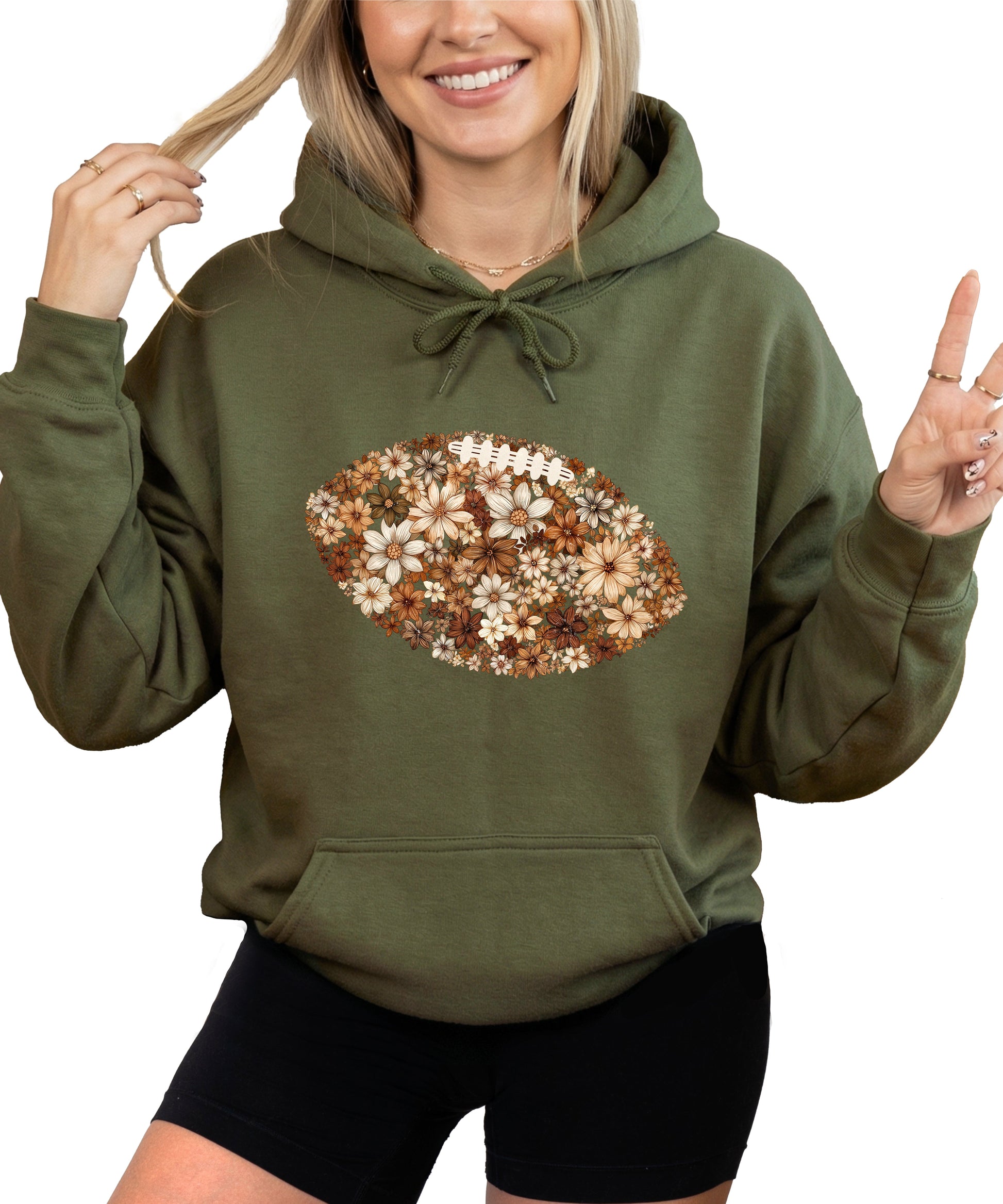 Floral Football Army Green Hoodie for Women - view 5