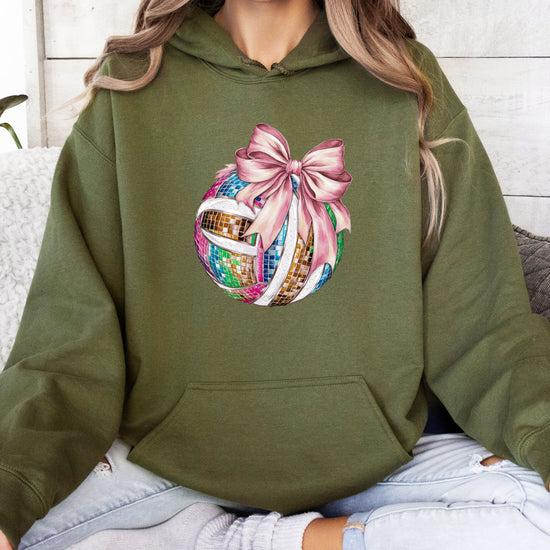 Disco Volleyball Coquette Bow Hoodie - Army Green - View 5