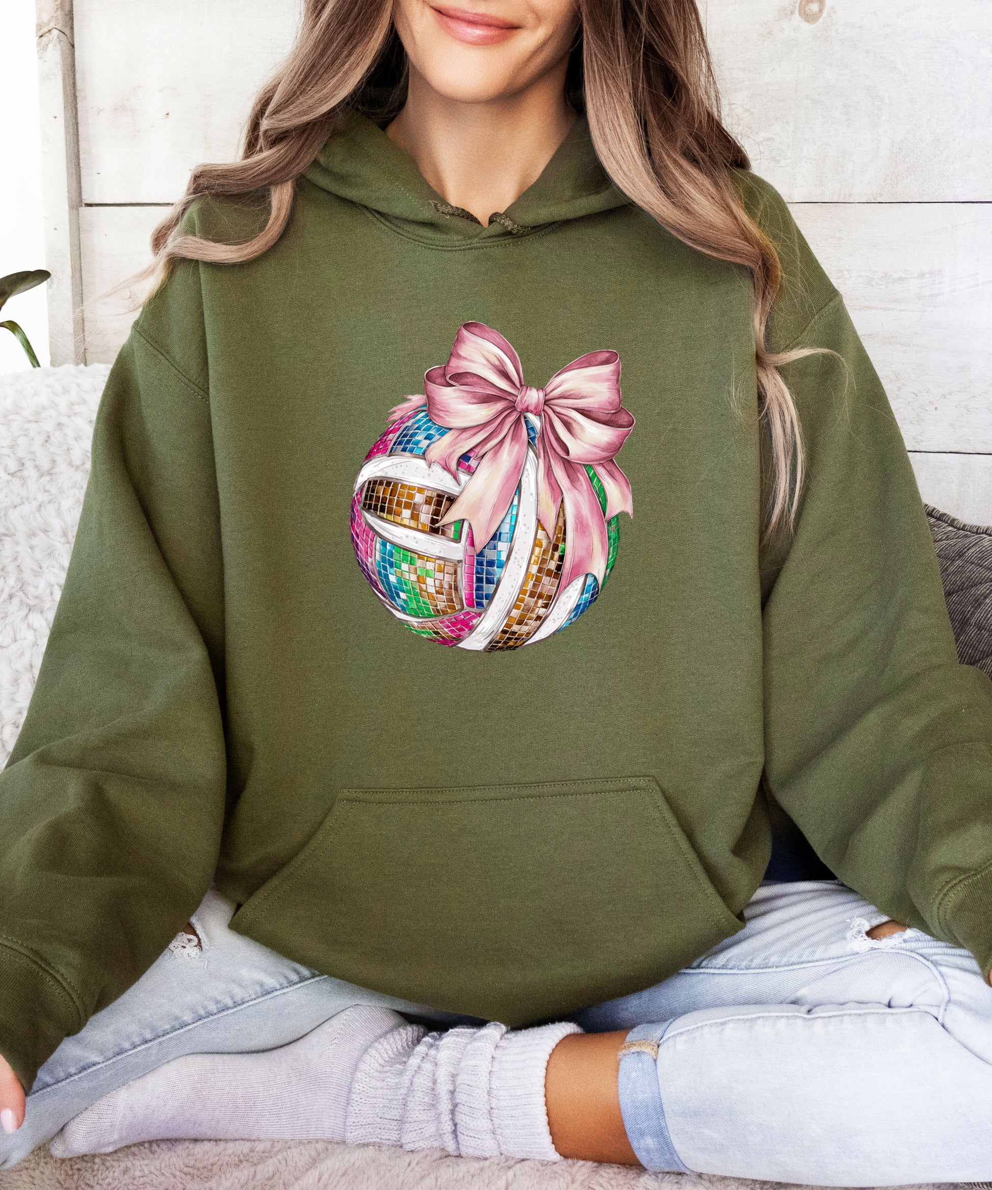 Disco Volleyball Coquette Bow Hoodie - Army Green - View 5