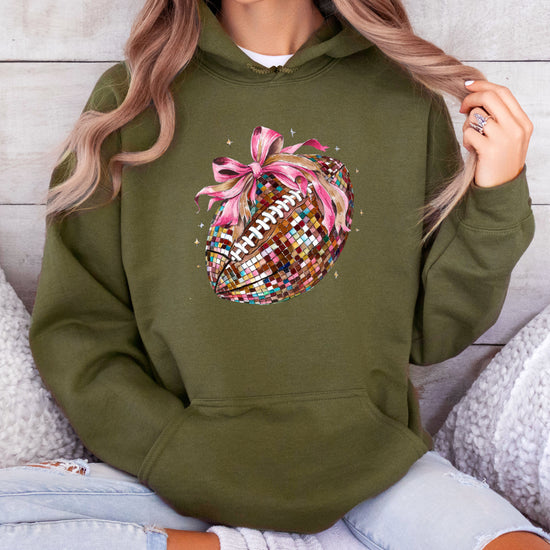 Disco Ball Football Coquette Bow Hoodie for Women, Army Green Hoodie, view 5