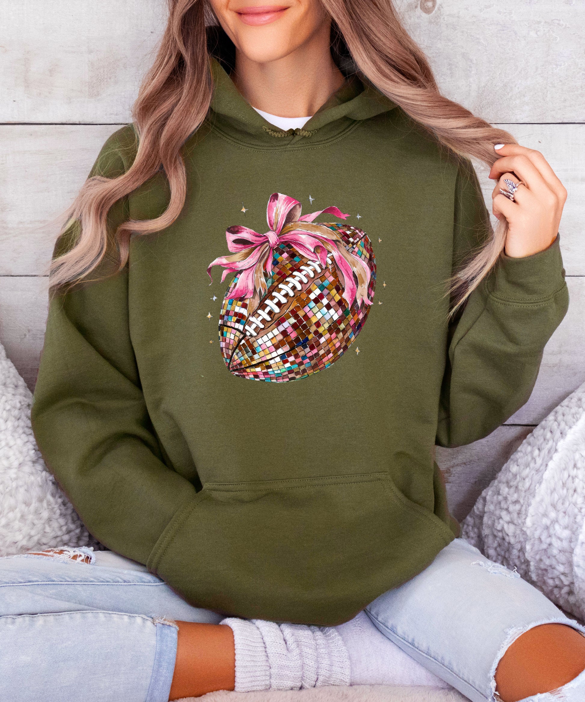 Disco Ball Football Coquette Bow Hoodie for Women, Army Green Hoodie, view 5