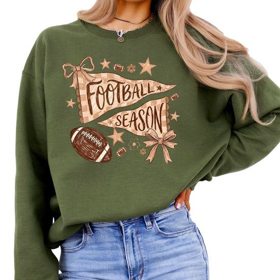 Football Season Coquette Bow Pennant Game Day Crewneck Sweatshirt - Army Green Sweatshirt view 5
