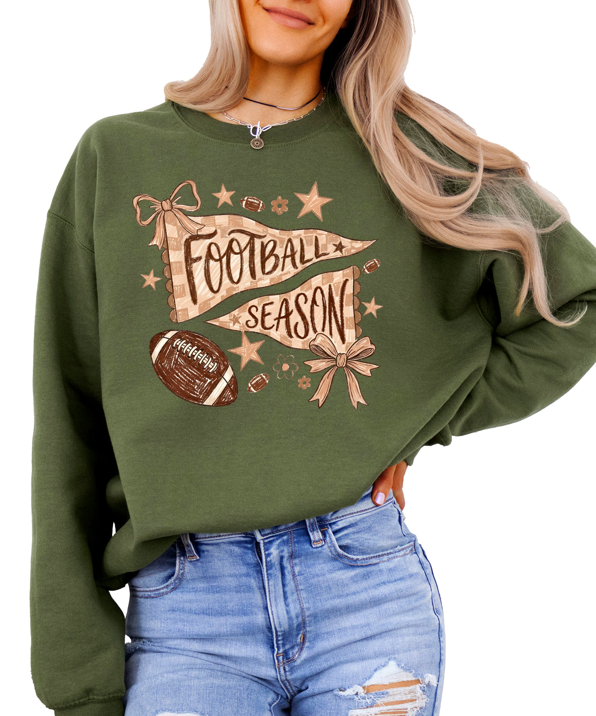 Football Season Coquette Bow Pennant Game Day Crewneck Sweatshirt - Army Green Sweatshirt view 5