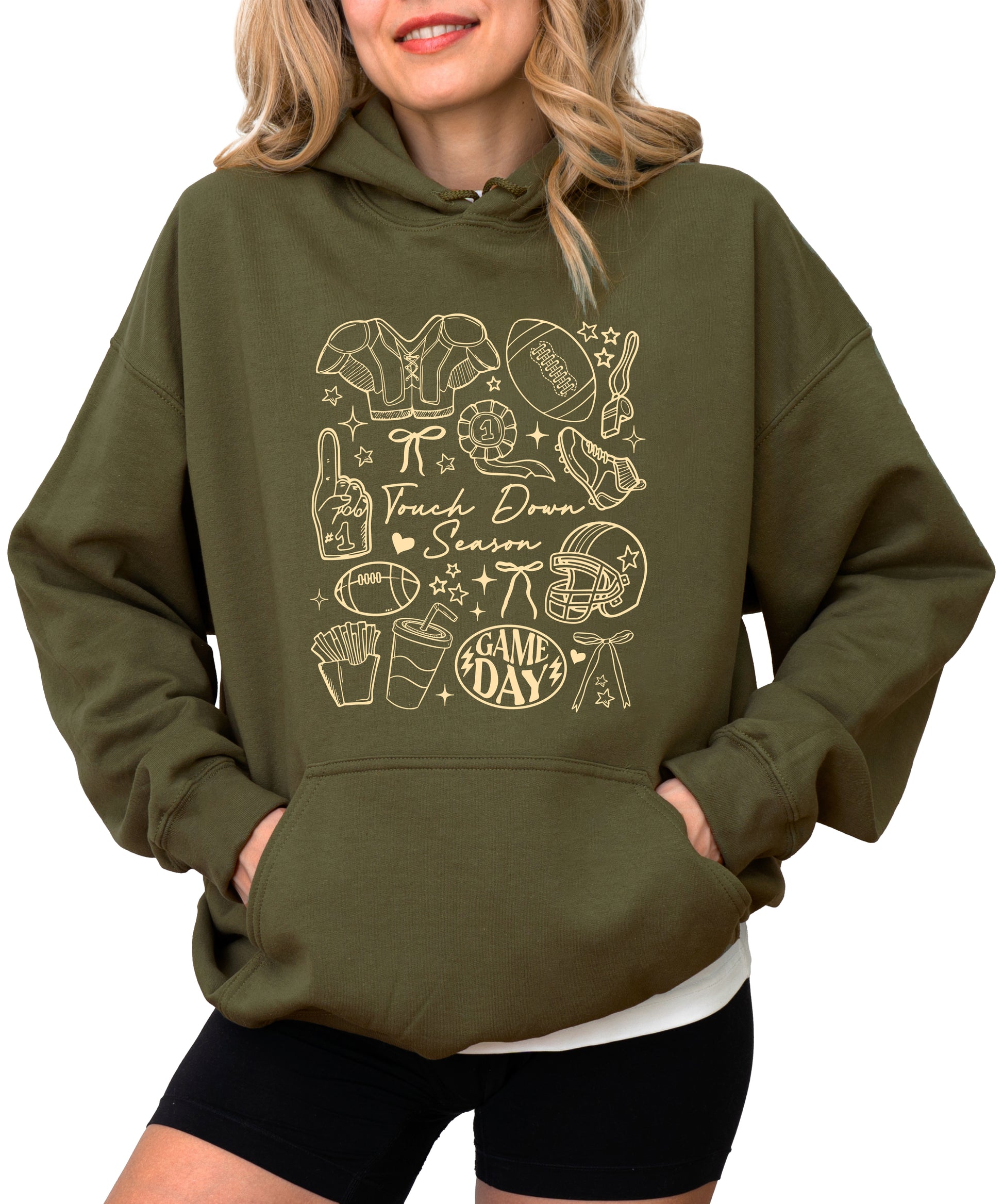 Army Green Touch Down Season football hoodie close up print