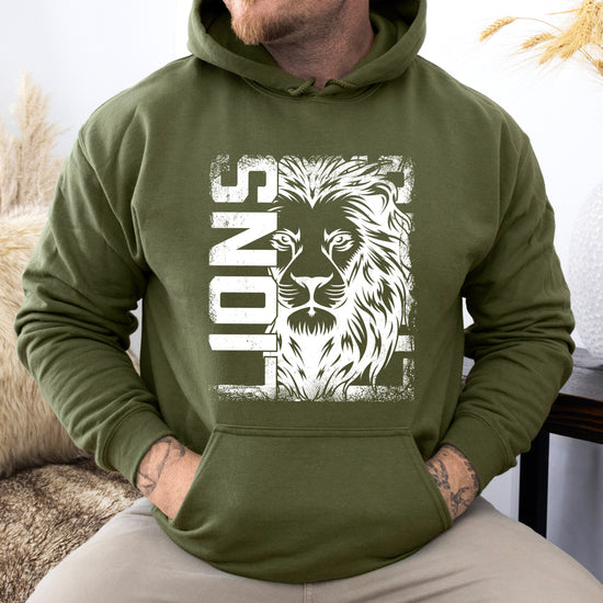 Lions School Spirit hoodie in Army Green - distressed lion mascot game day pullover sweatshirt, view 5