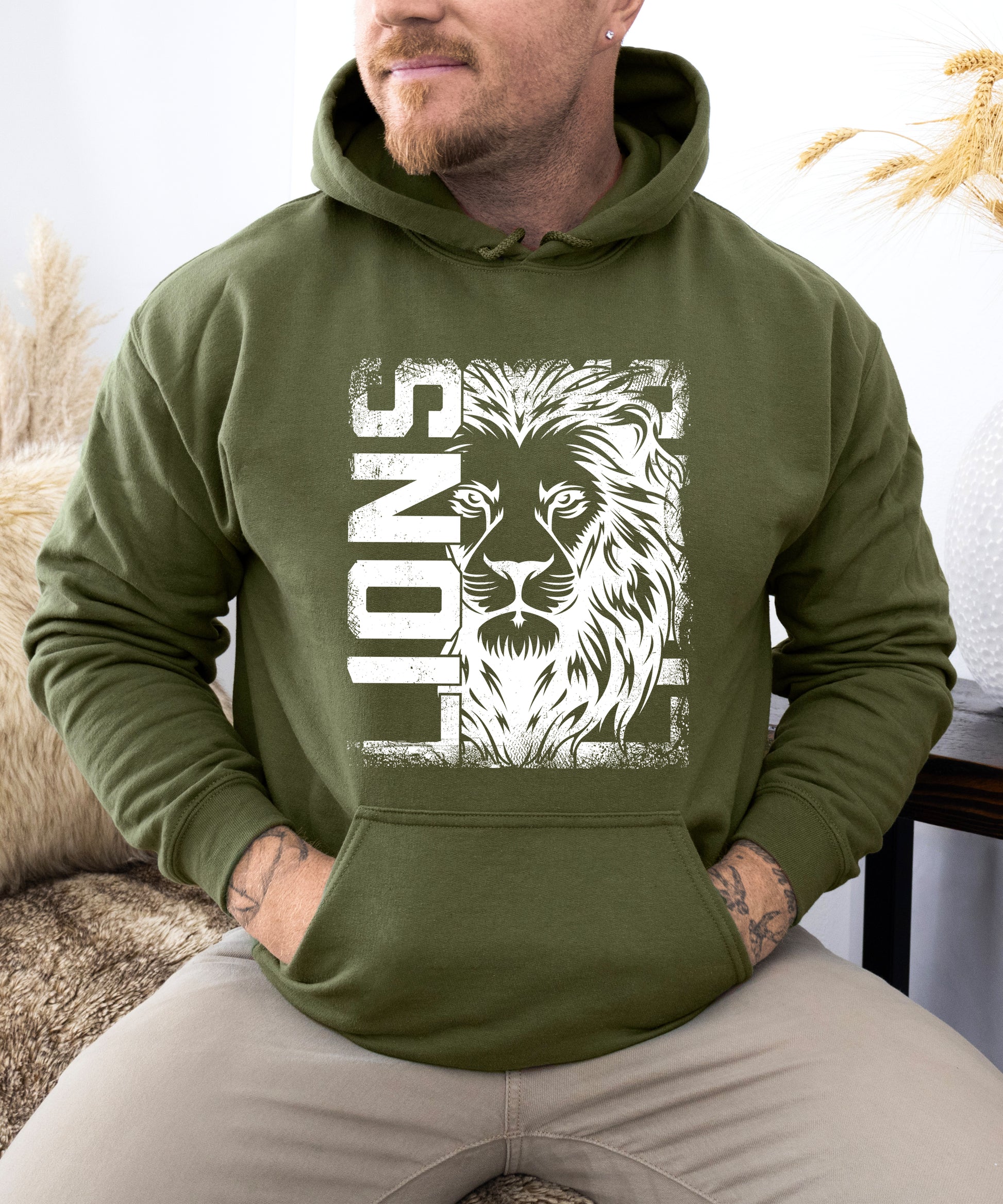 Lions School Spirit hoodie in Army Green - distressed lion mascot game day pullover sweatshirt, view 5