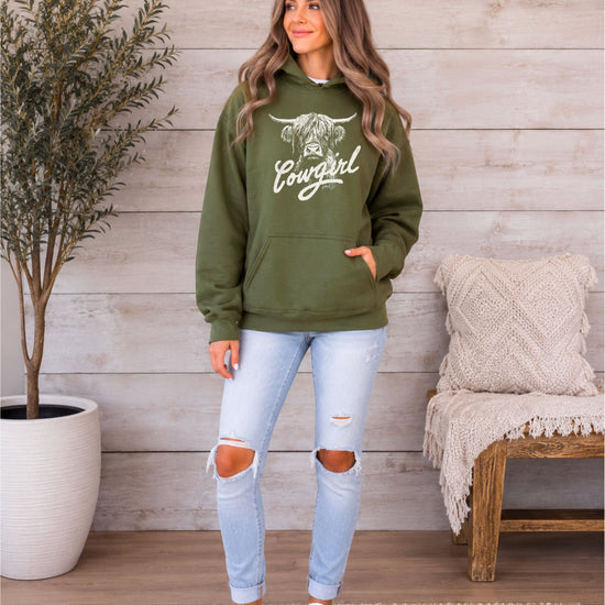 Cowgirl Highland Cow Hoodie - Army Green Hoodie - Olive Loves Apple