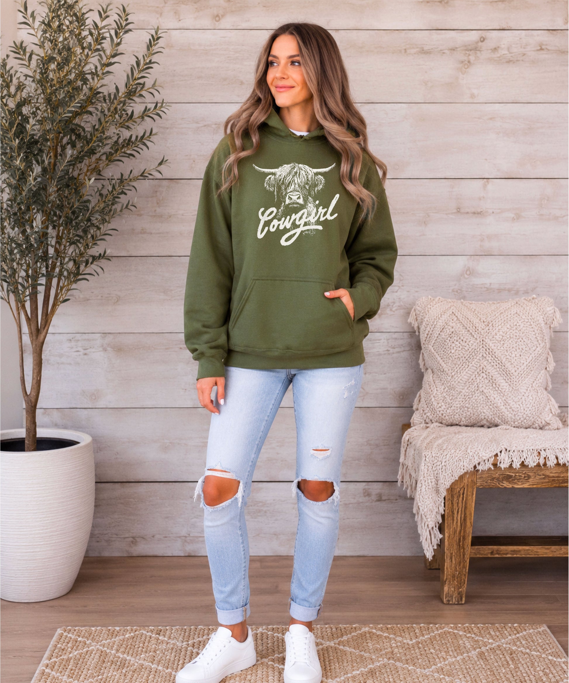 Cowgirl Highland Cow Hoodie - Army Green Hoodie - Olive Loves Apple