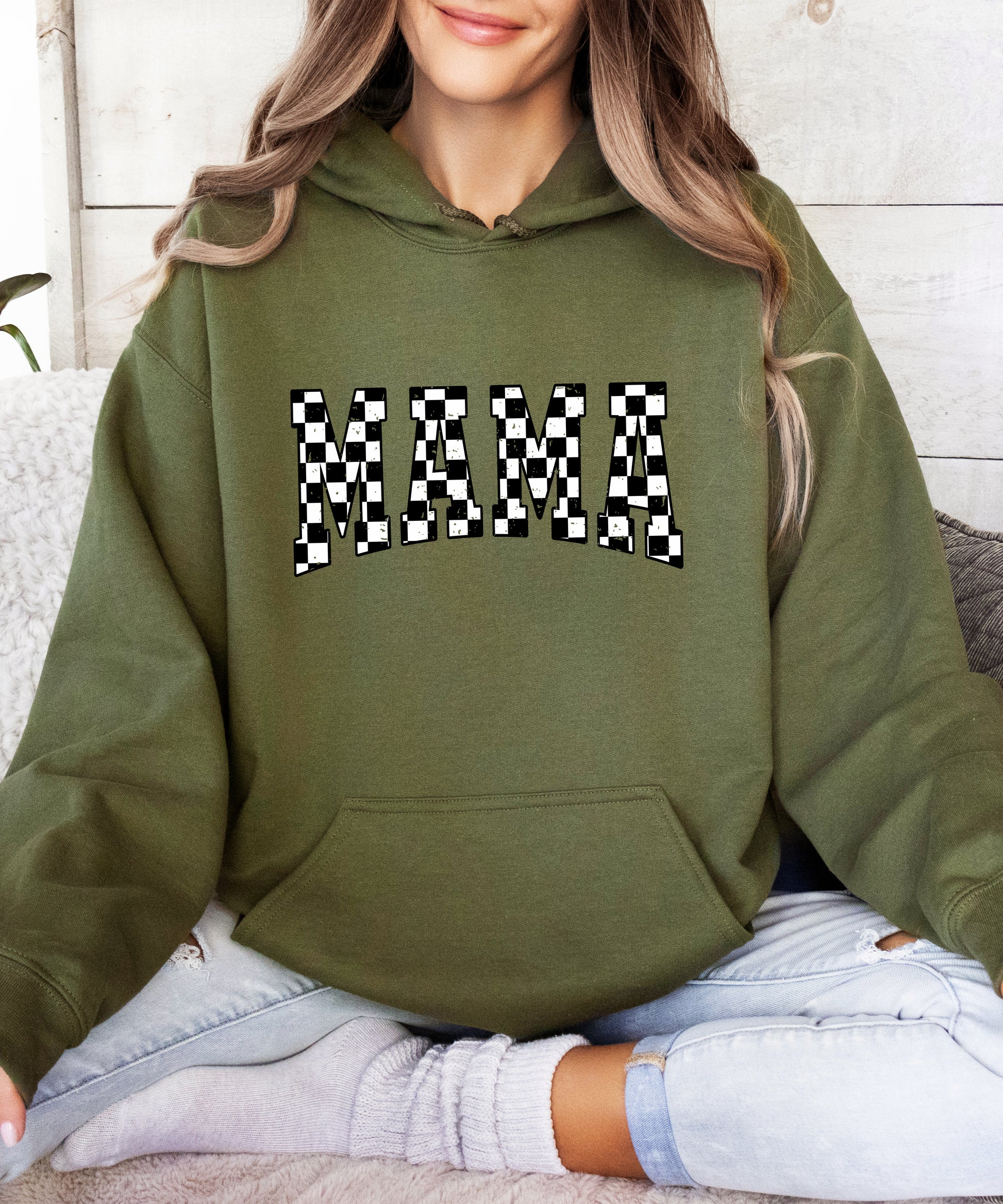 Checkered Mama hoodie for women in Army Green - view 6