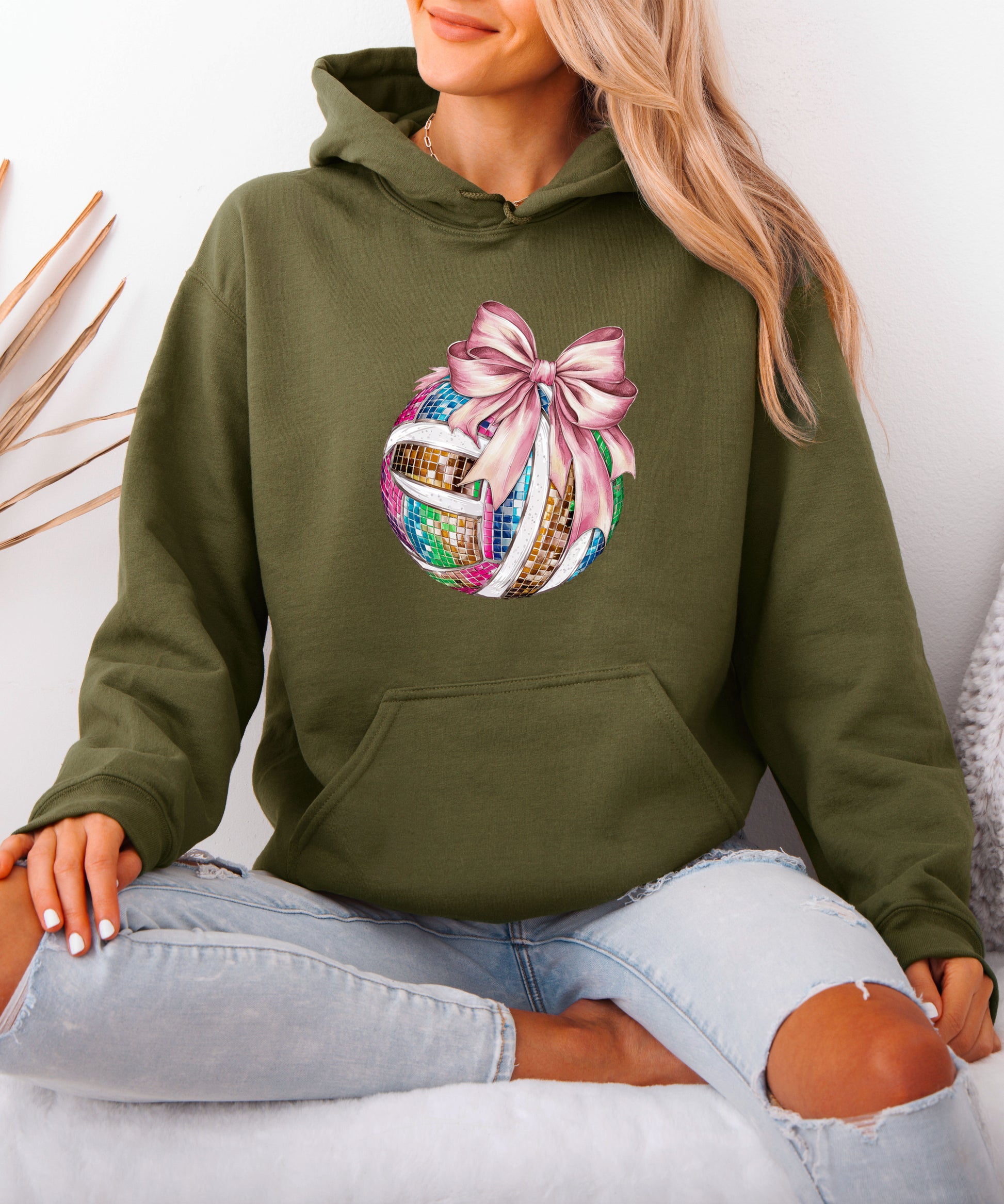 Disco Volleyball Coquette Bow Hoodie - Army Green - View 6