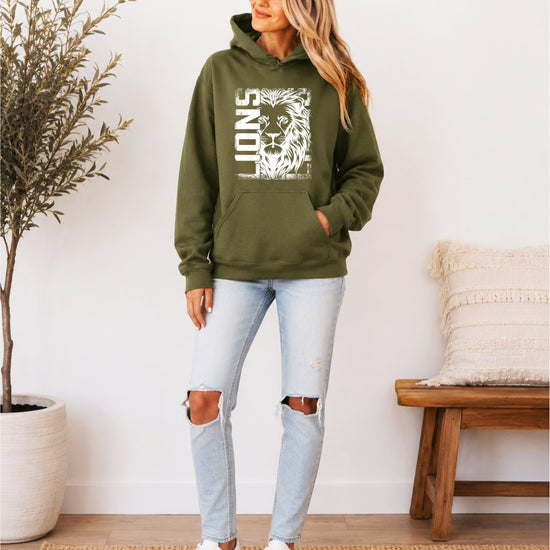 Lions School Spirit hoodie in Army Green - distressed lion mascot game day pullover sweatshirt, view 6