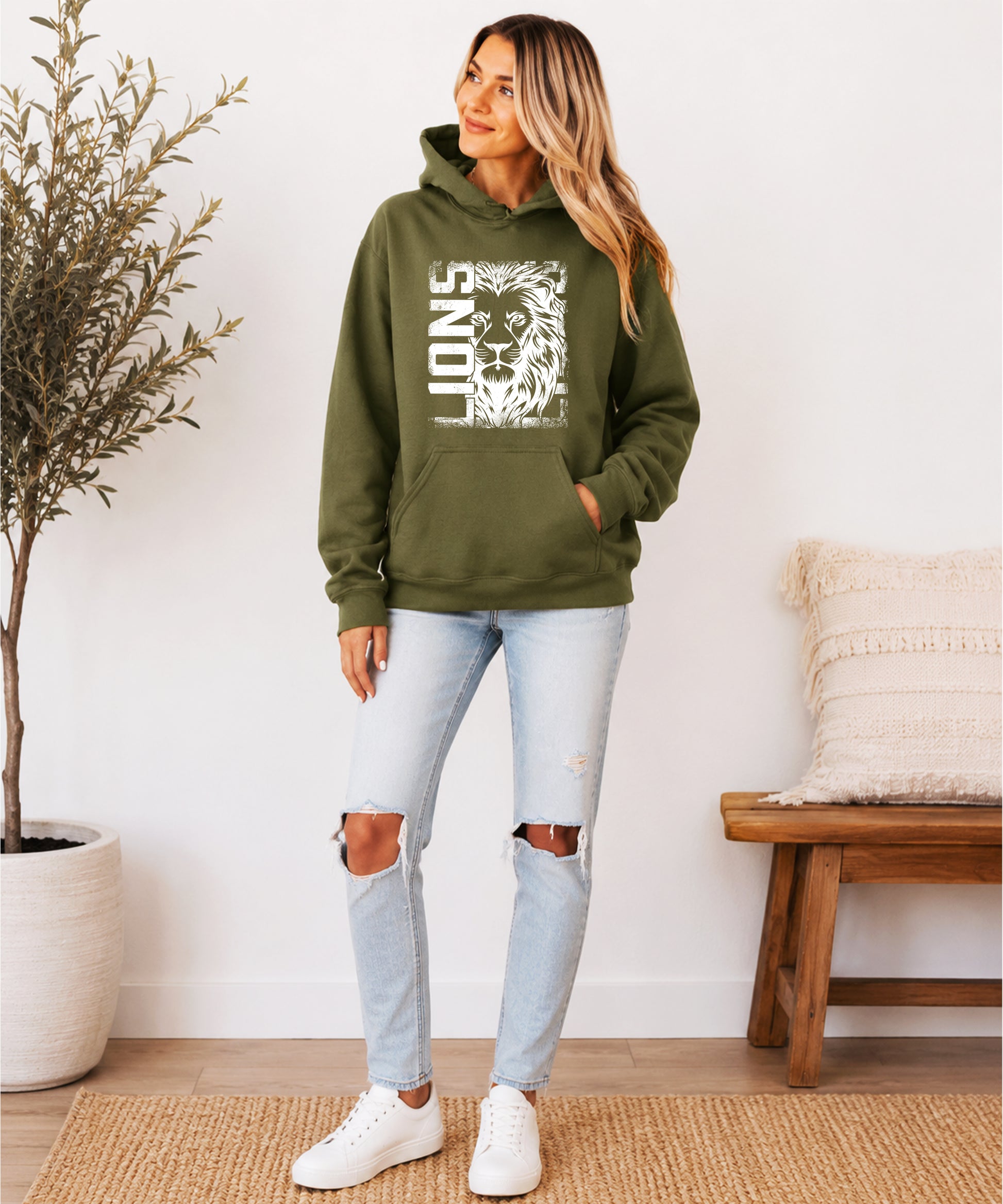 Lions School Spirit hoodie in Army Green - distressed lion mascot game day pullover sweatshirt, view 6