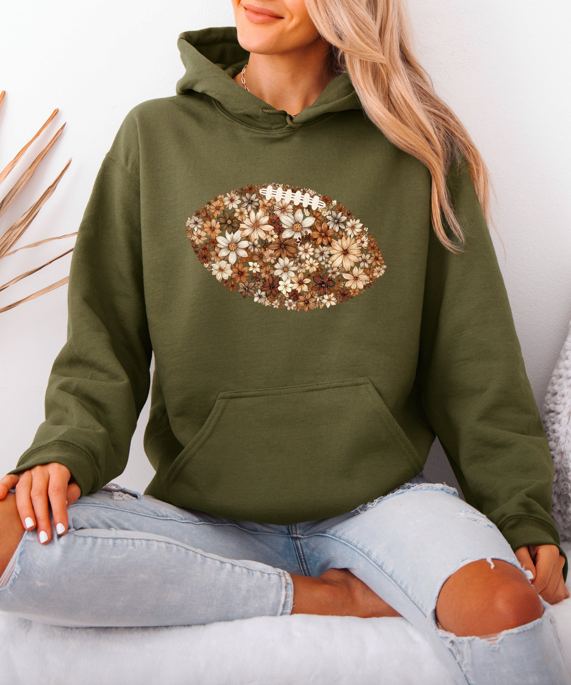 Floral Football Army Green Hoodie for Women - view 6