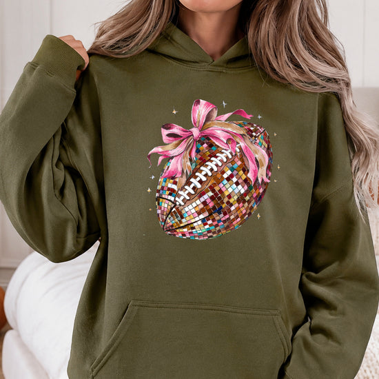 Disco Ball Football Coquette Bow Hoodie for Women, Army Green Hoodie, view 6