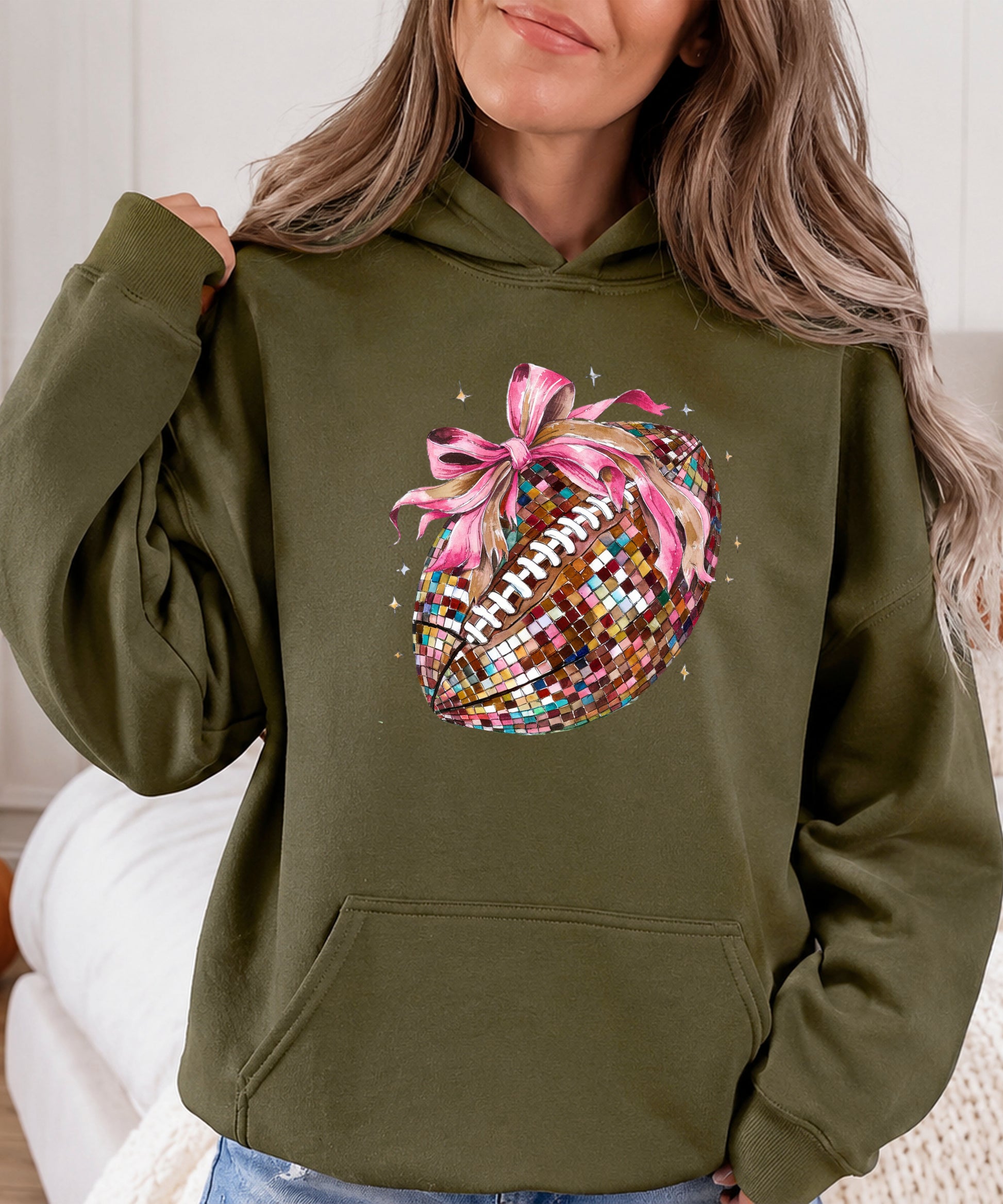 Disco Ball Football Coquette Bow Hoodie for Women, Army Green Hoodie, view 6
