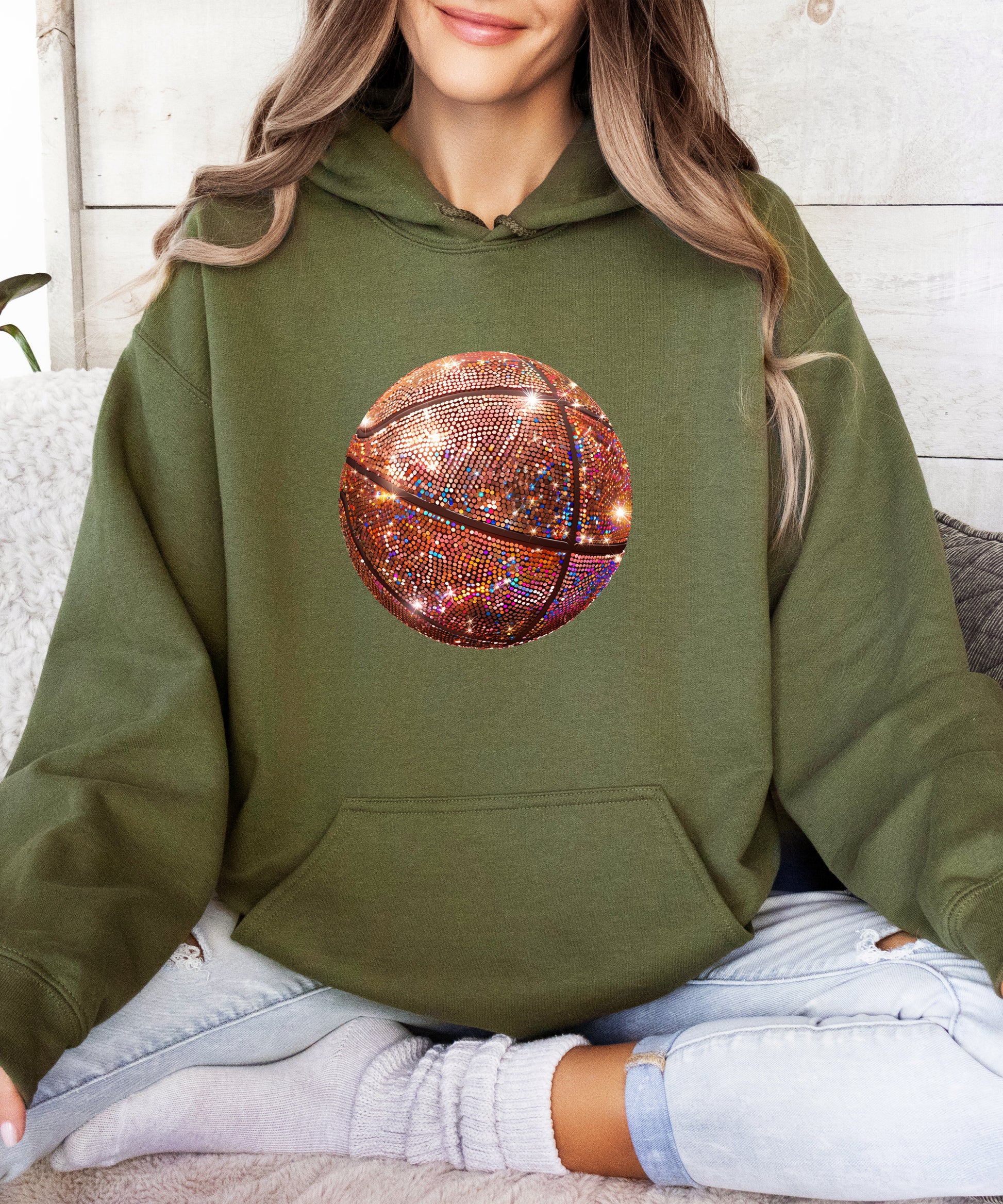 Glitter basketball hoodie in Army Green - view 6