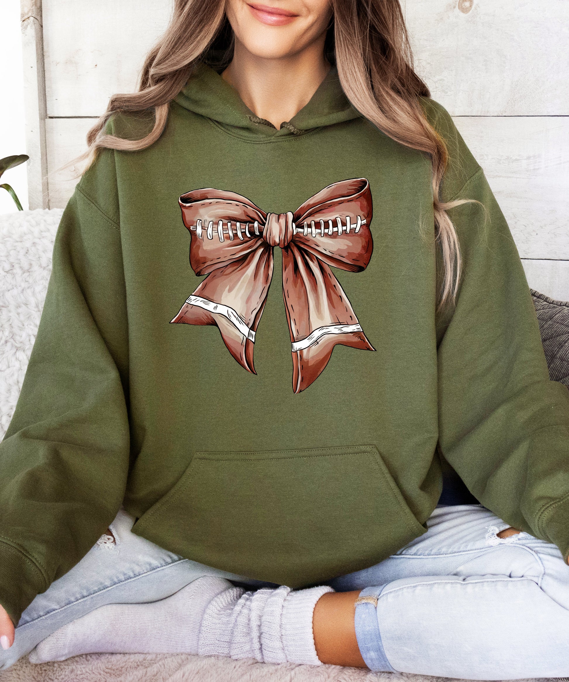 Football Coquette Bow fleece hoodie in Army Green - view 6
