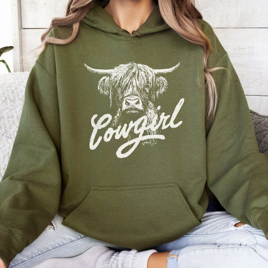 Cowgirl Highland Cow Hoodie - Army Green Hoodie - Olive Loves Apple