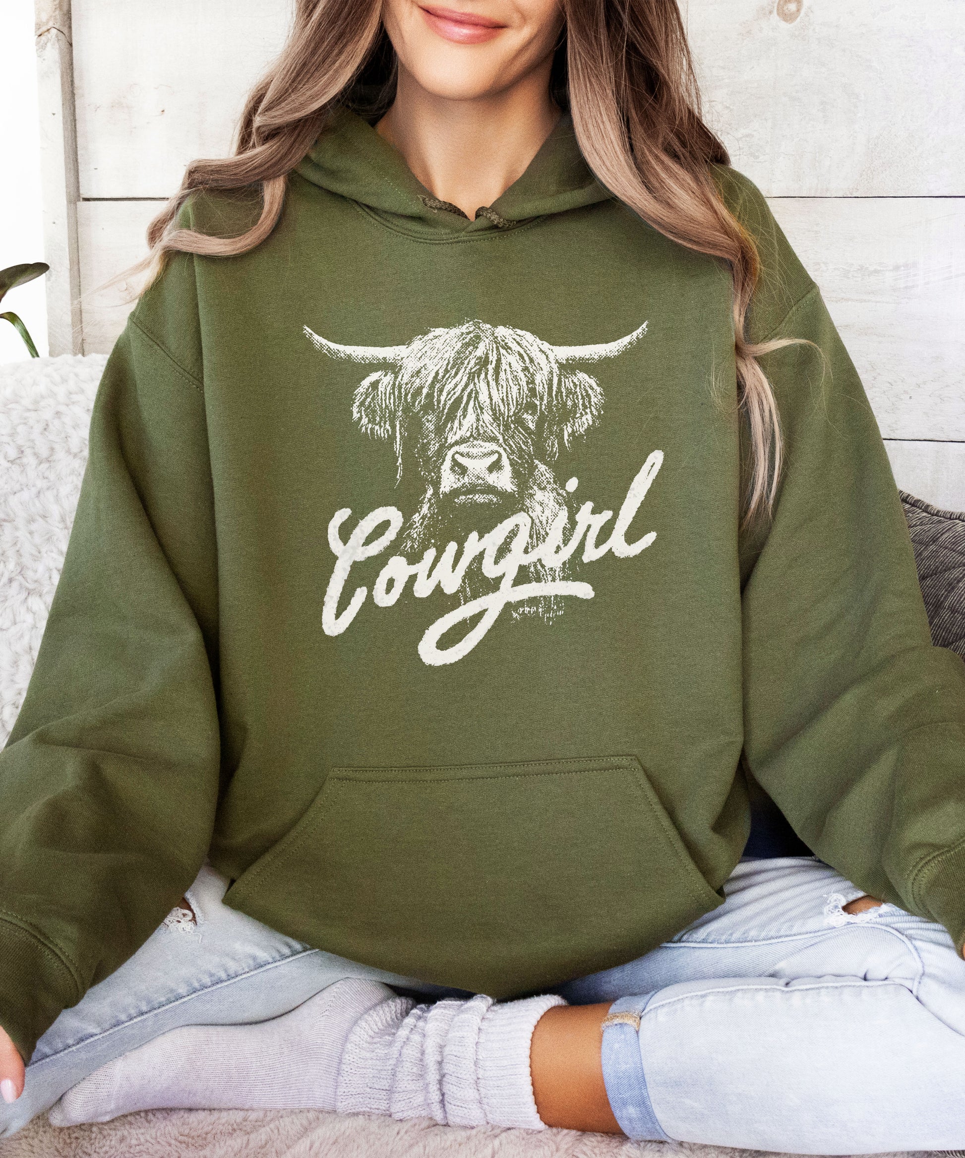 Cowgirl Highland Cow Hoodie - Army Green Hoodie - Olive Loves Apple