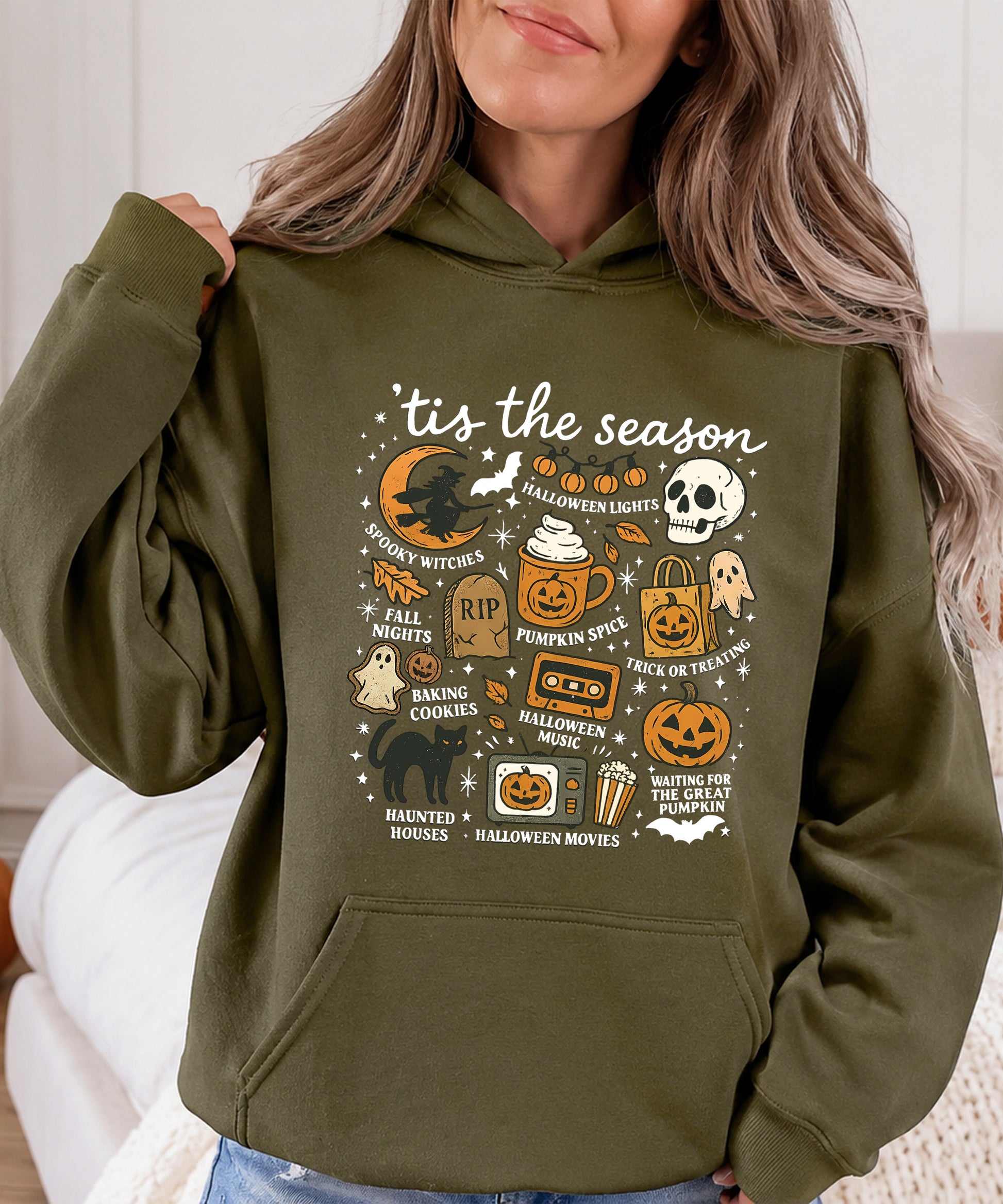 Tis The Season Halloween retro collage hoodie in Army Green - view 6