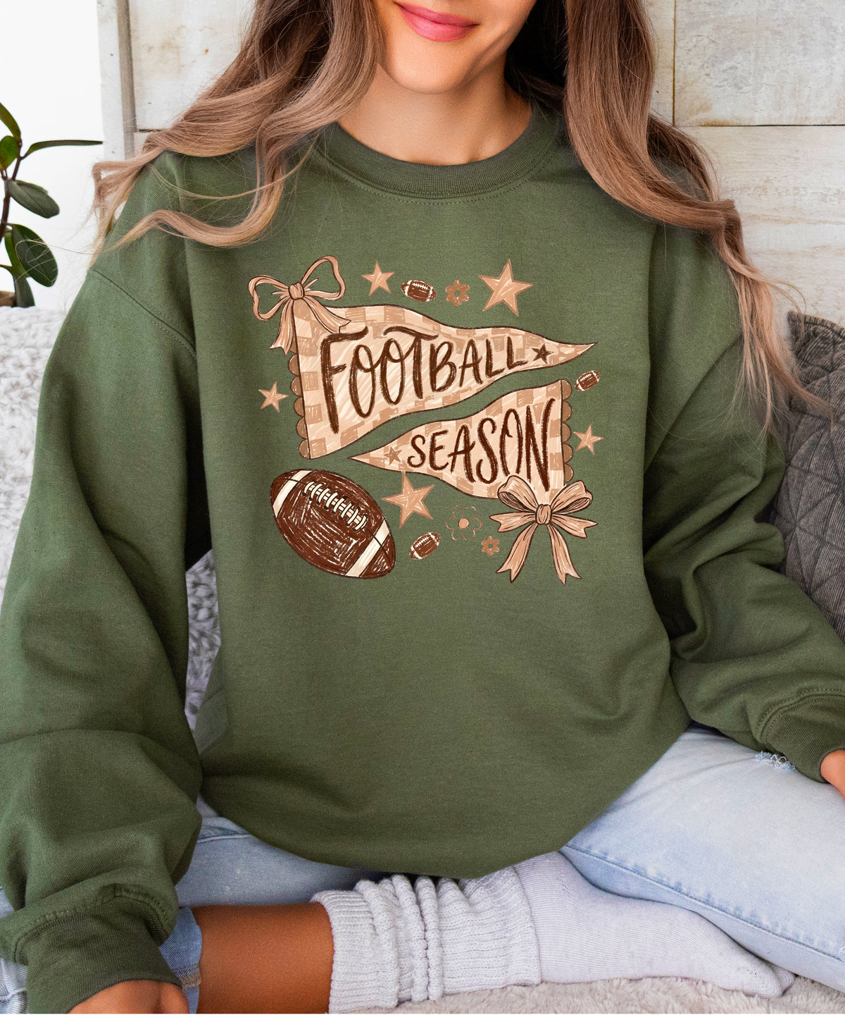 Football Season Coquette Bow Pennant Game Day Crewneck Sweatshirt - Army Green Sweatshirt view 6
