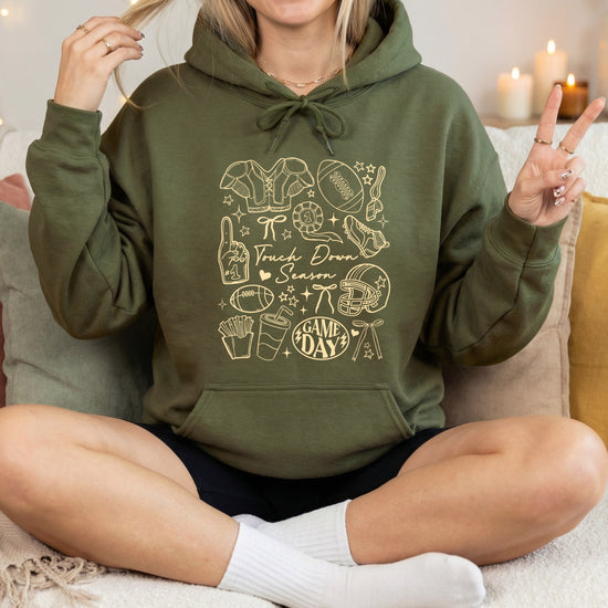 Army Green Touch Down Season football hoodie hood and pocket detail
