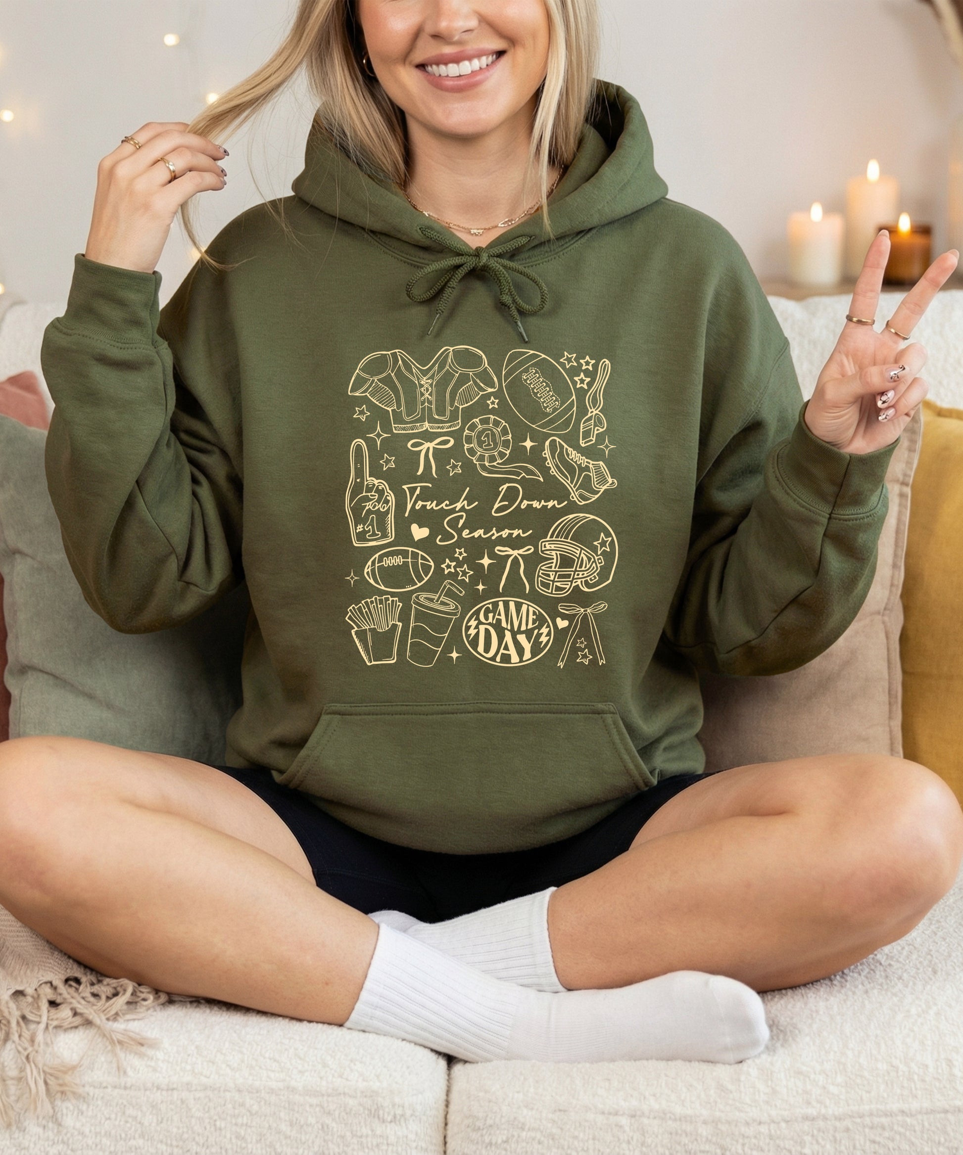 Army Green Touch Down Season football hoodie hood and pocket detail