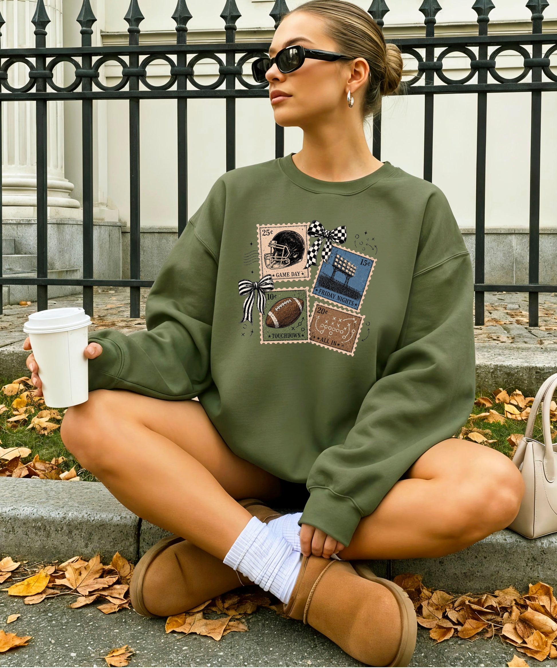 Vintage Football Army Green crewneck sweatshirt, view 7