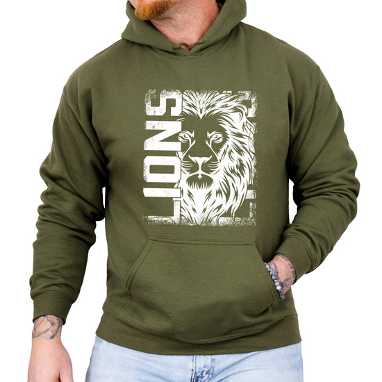 Lions School Spirit hoodie in Army Green - distressed lion mascot game day pullover sweatshirt, view 7