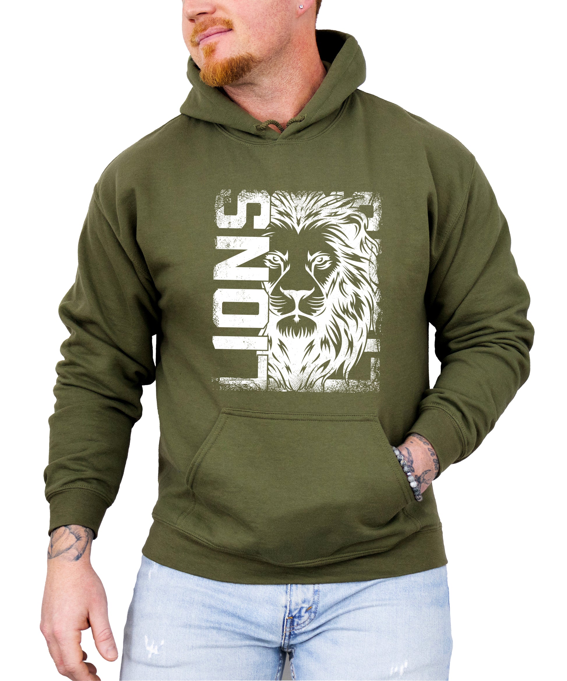 Lions School Spirit hoodie in Army Green - distressed lion mascot game day pullover sweatshirt, view 7