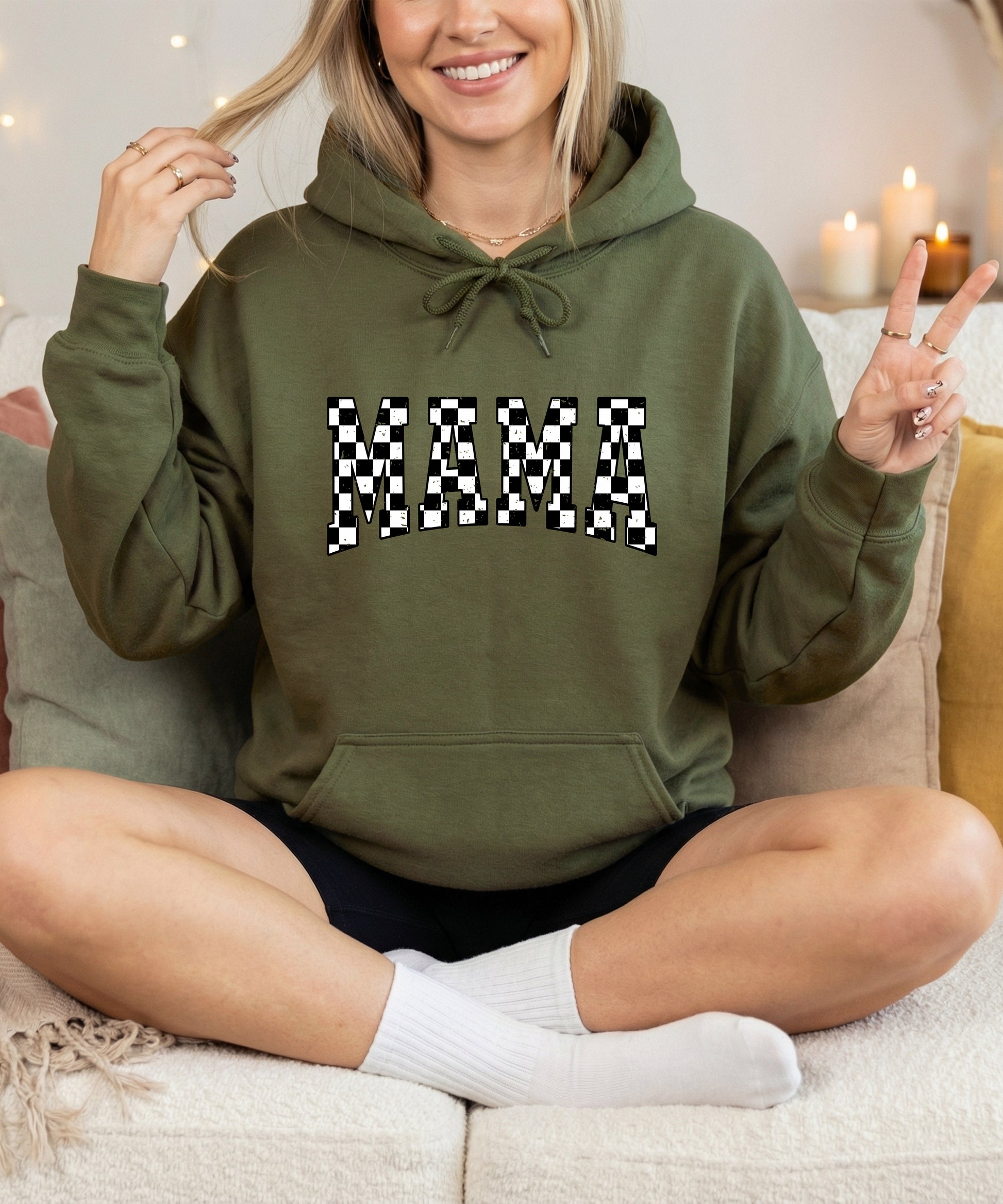 Checkered Mama hoodie for women in Army Green - view 7