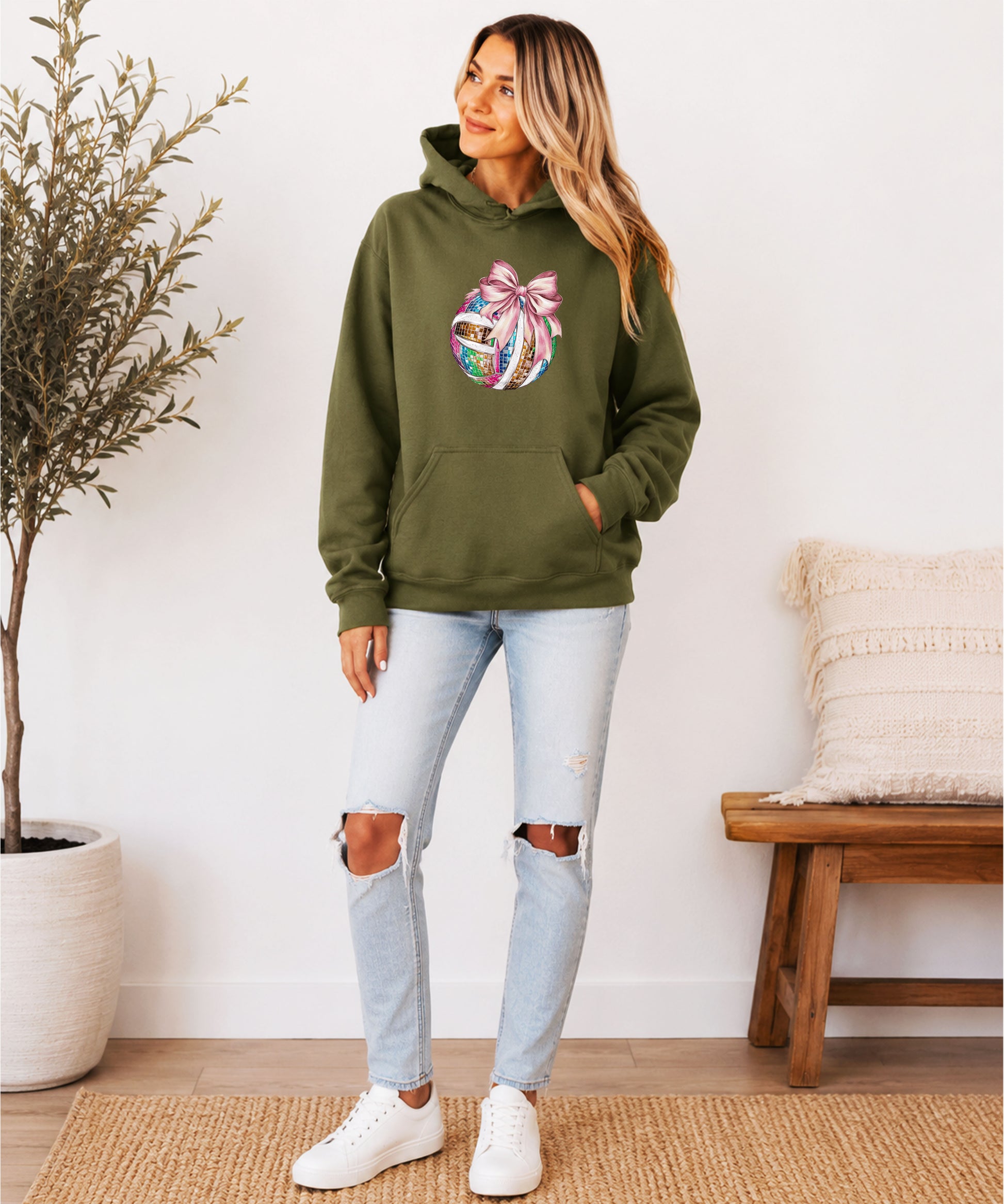 Disco Volleyball Coquette Bow Hoodie - Army Green - View 7