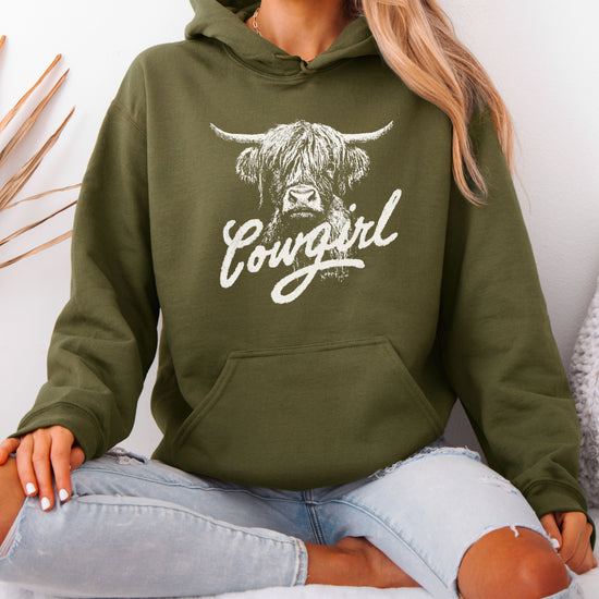 Cowgirl Highland Cow Hoodie - Army Green Hoodie - Olive Loves Apple