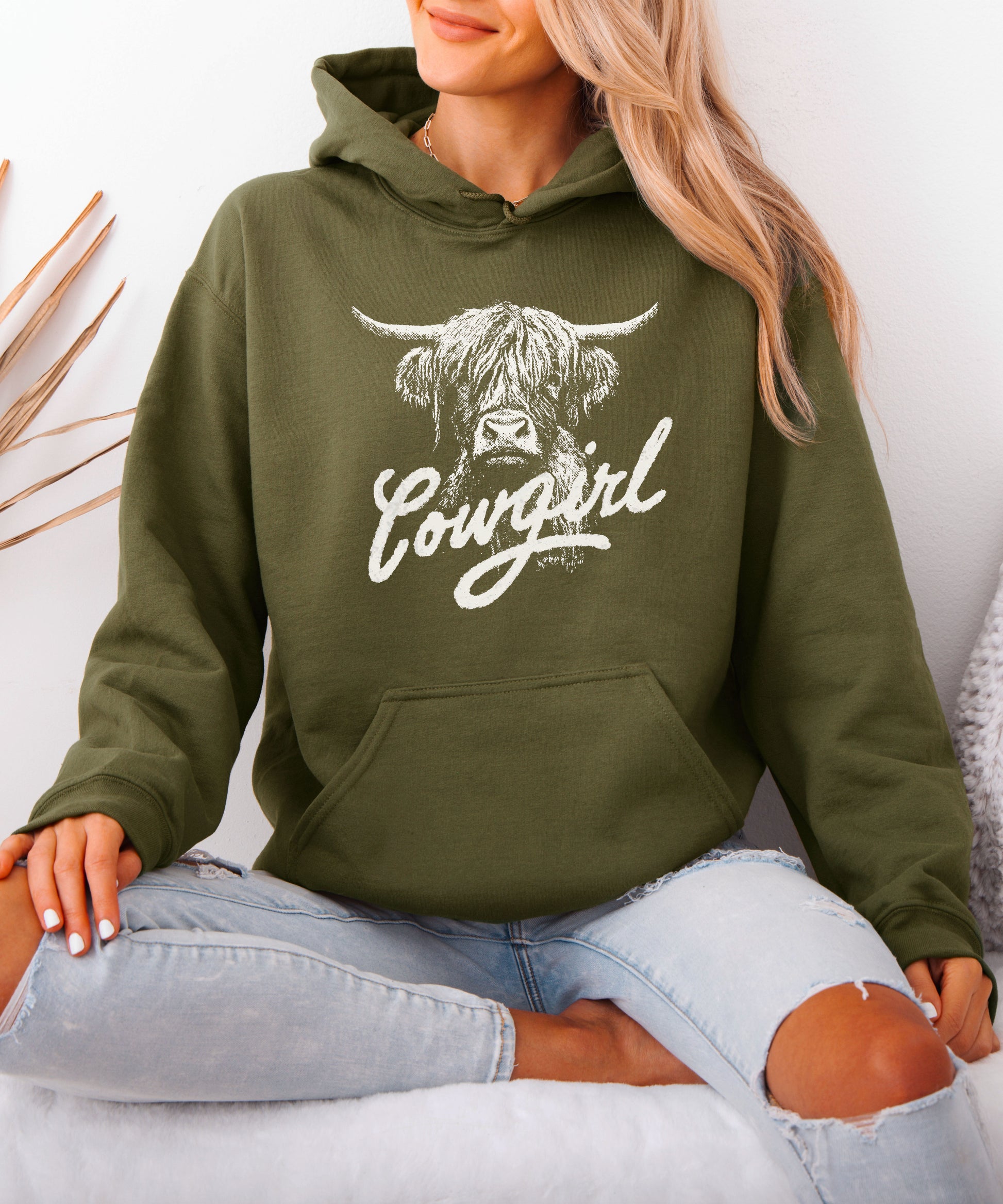 Cowgirl Highland Cow Hoodie - Army Green Hoodie - Olive Loves Apple