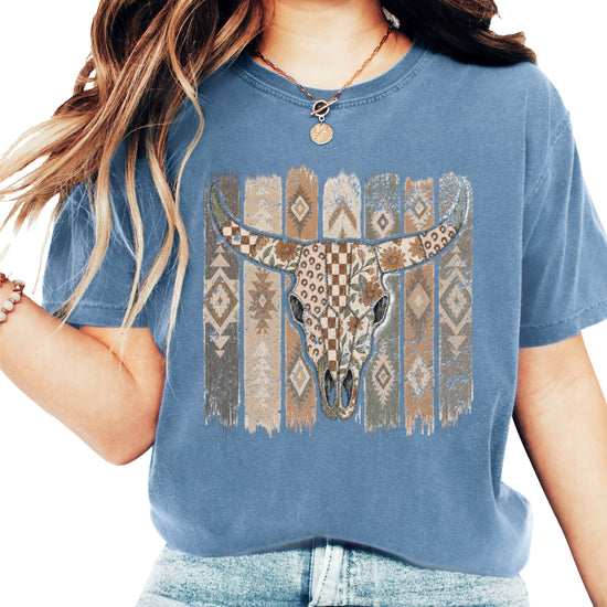 Aztec longhorn bull skull western graphic tee for women, Blue Jean Comfort Colors shirt, front view